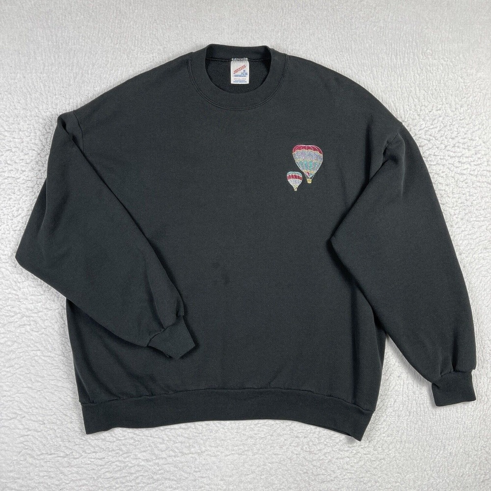 Vintage Sweatshirt Womens 2X Black USA Hot Air Balloon Casual Crew Pullover